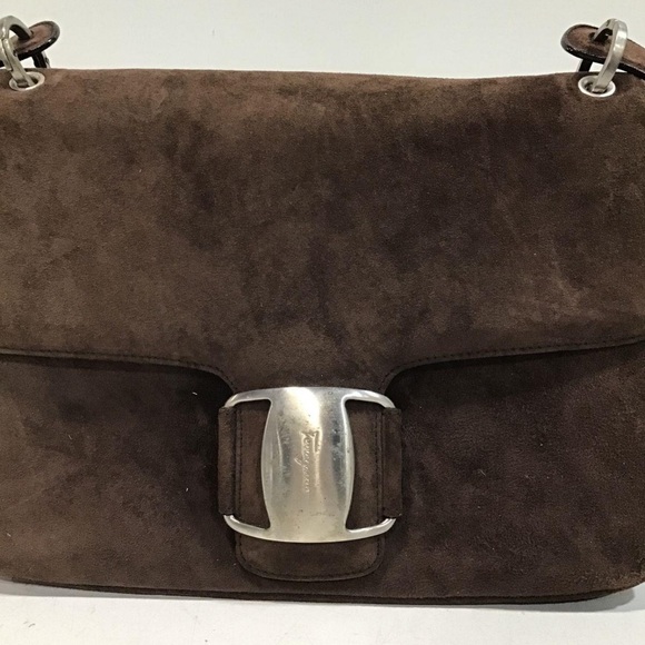 🤎 VTG Salvatore Ferragamo Chocolate Brown Suede Flap Shoulder Bag - Picture 2 of 5